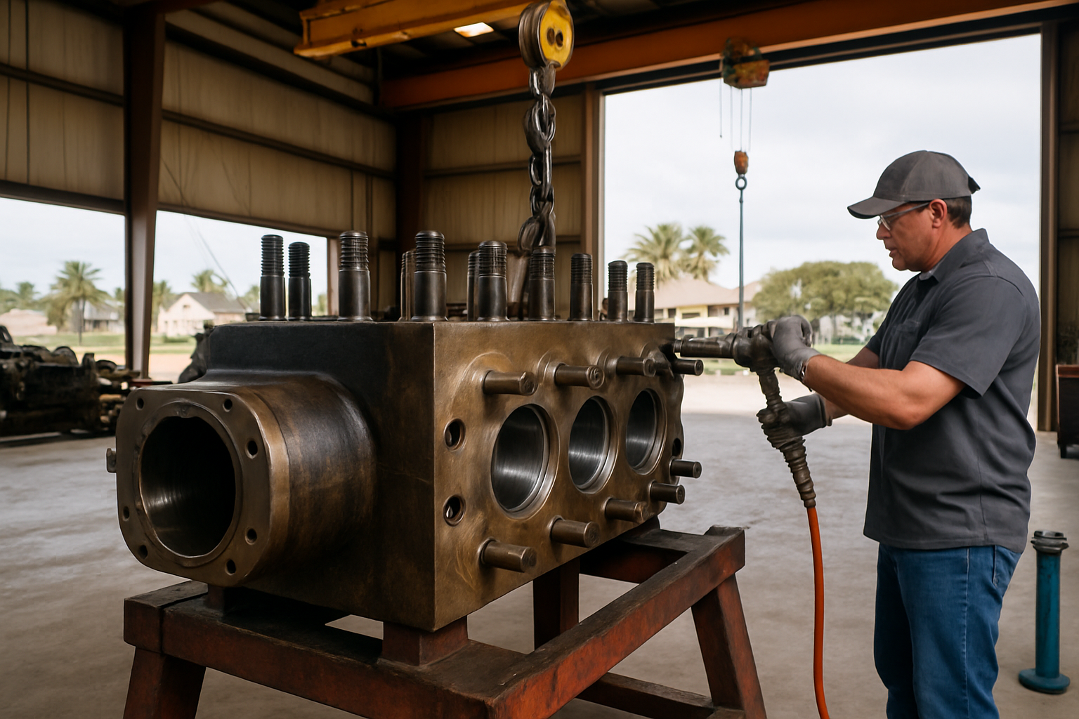 Disassembled high-pressure frac pump fluid end on a service stand inside a clean oilfield rebuild bay, with overhead lifting and torque tools nearby.