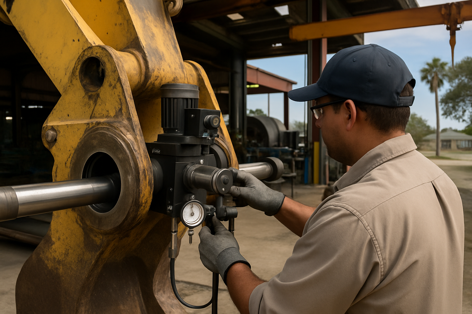 Machinist operating a portable line boring rig on a large excavator pivot, with shop floor and overhead crane visible in the background.