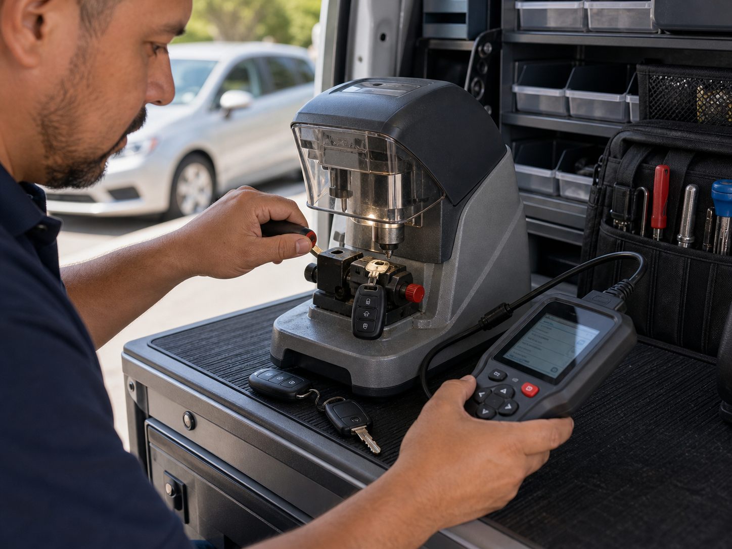 Locksmith cutting and programming a transponder car key on-site