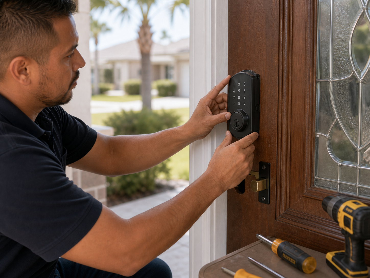 Smart deadbolt being installed on a residential front door