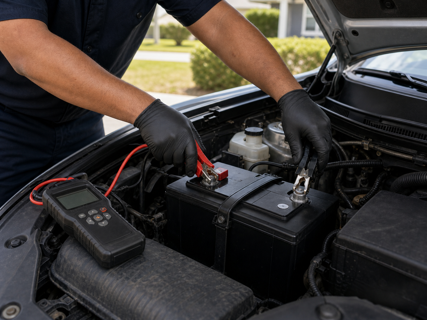 Mechanic installing a new car battery and testing the charging system