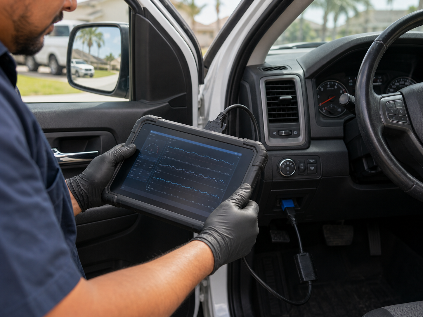 Technician reading live engine data from an OBD-II diagnostic scan tool
