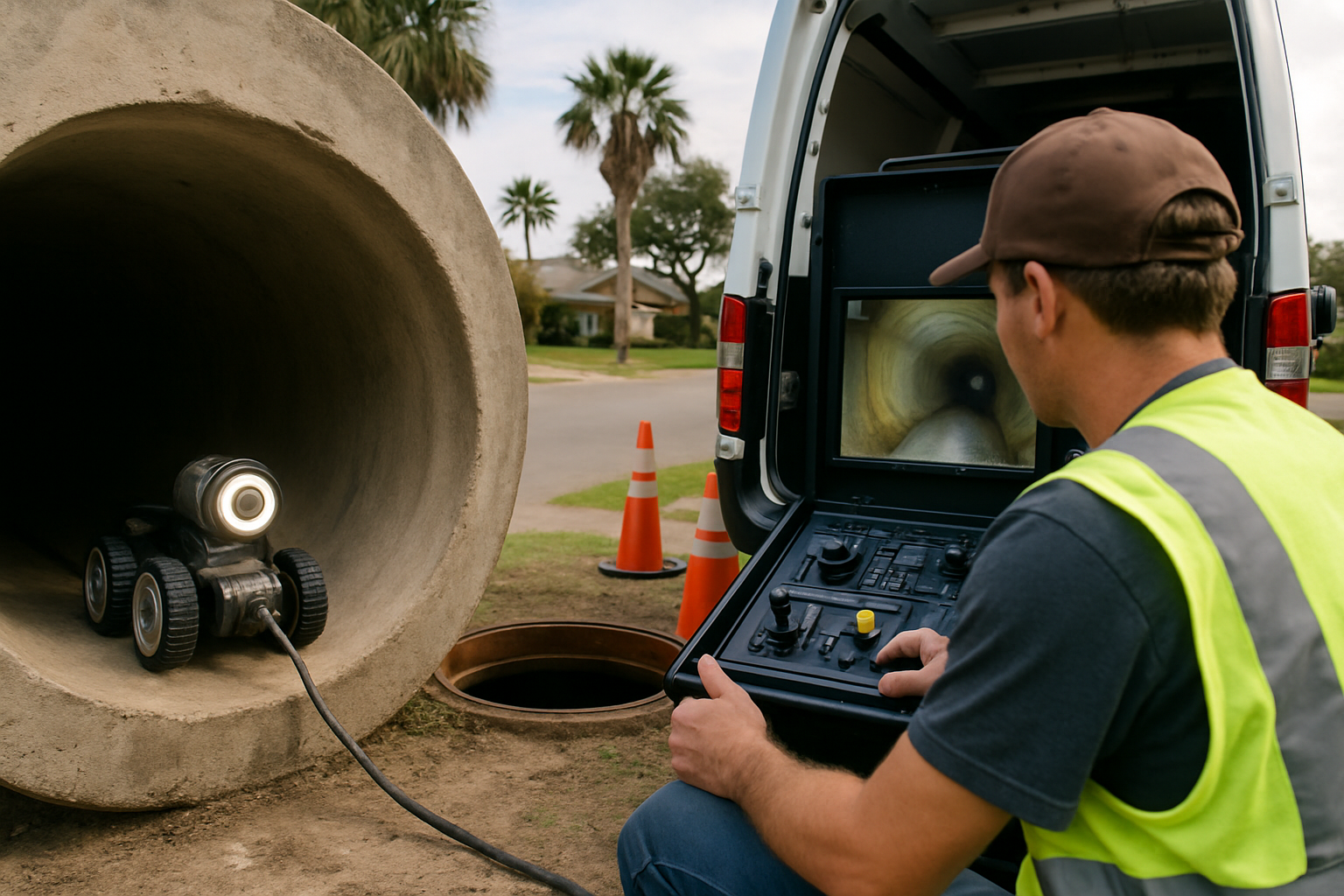 Tethered crawler inspection camera inside a large concrete sewer pipe with operator monitoring the live video feed on a control station outside.