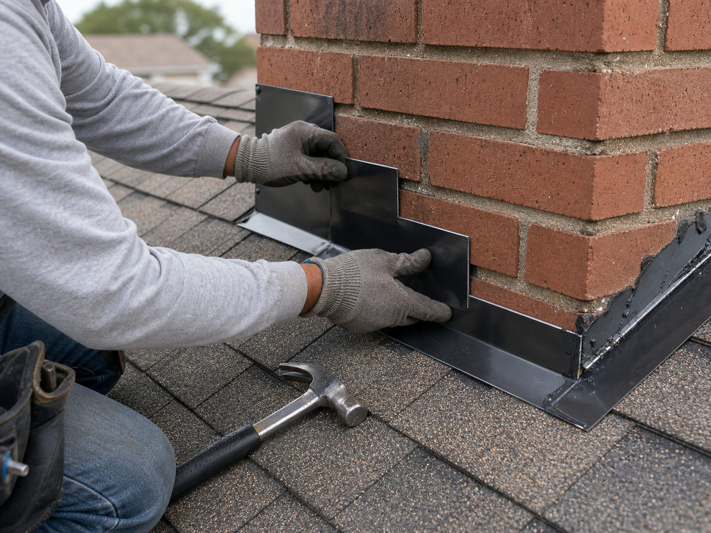 Roofer applying step flashing around a chimney base