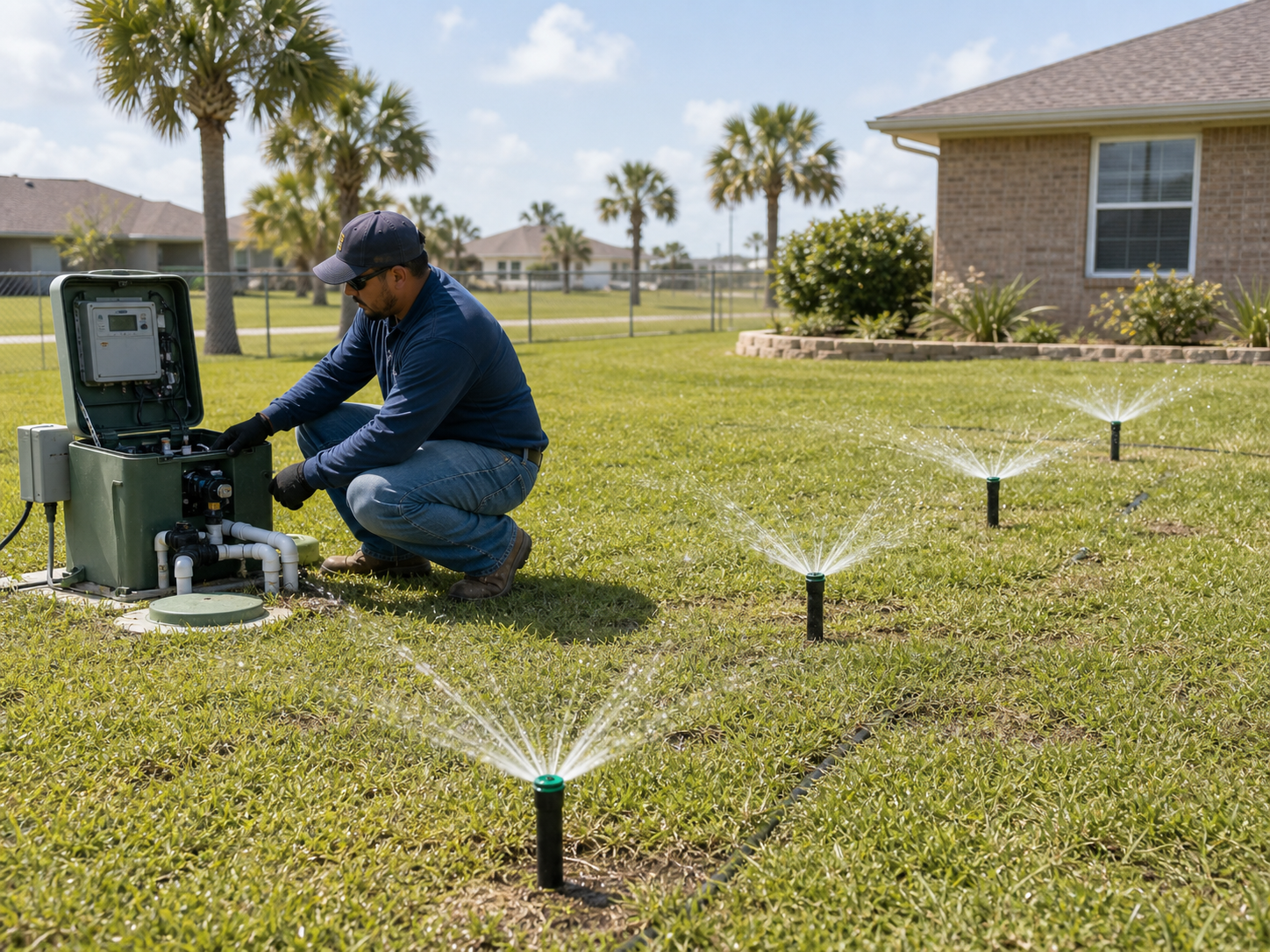 Aerobic septic spray field active on a Texas residential lawn