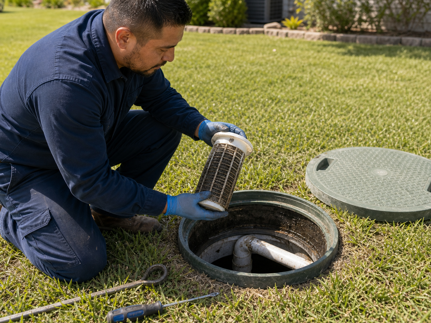 Open septic tank riser showing baffle, scum layer, and effluent filter
