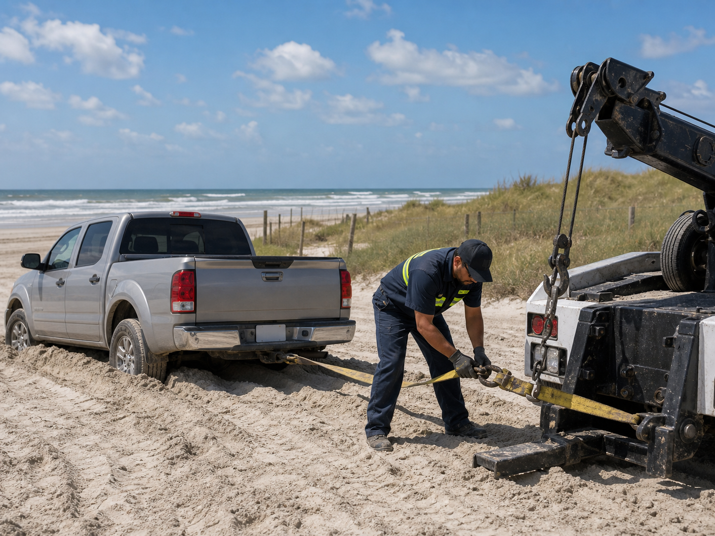 Tow operator winching a stuck vehicle out of soft sand on a Texas barrier beach