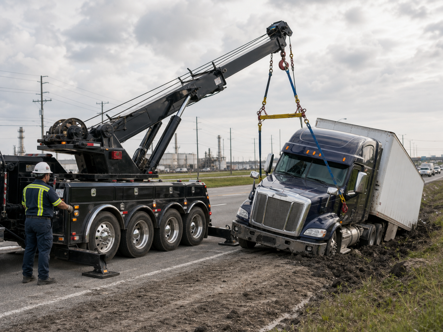 Heavy-duty rotator wrecker uprighting a commercial truck after a roadway accident