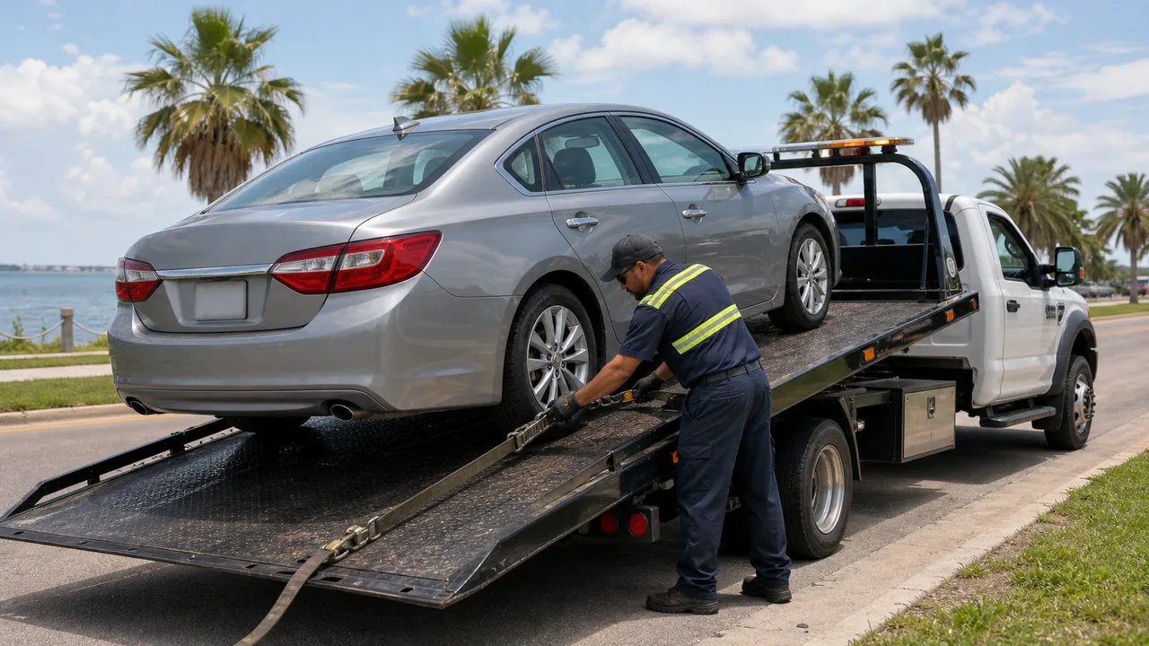 Flatbed tow truck loading a passenger vehicle on a Coastal Bend highway