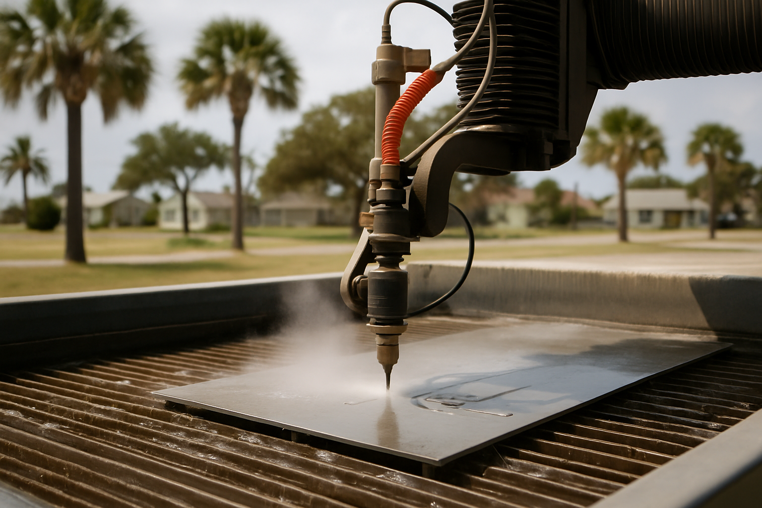 Water jet cutting machine in action